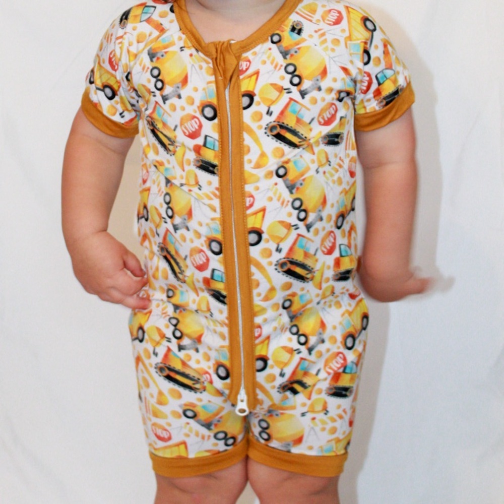 Kids Bamboo Construction Print Romper Shortie